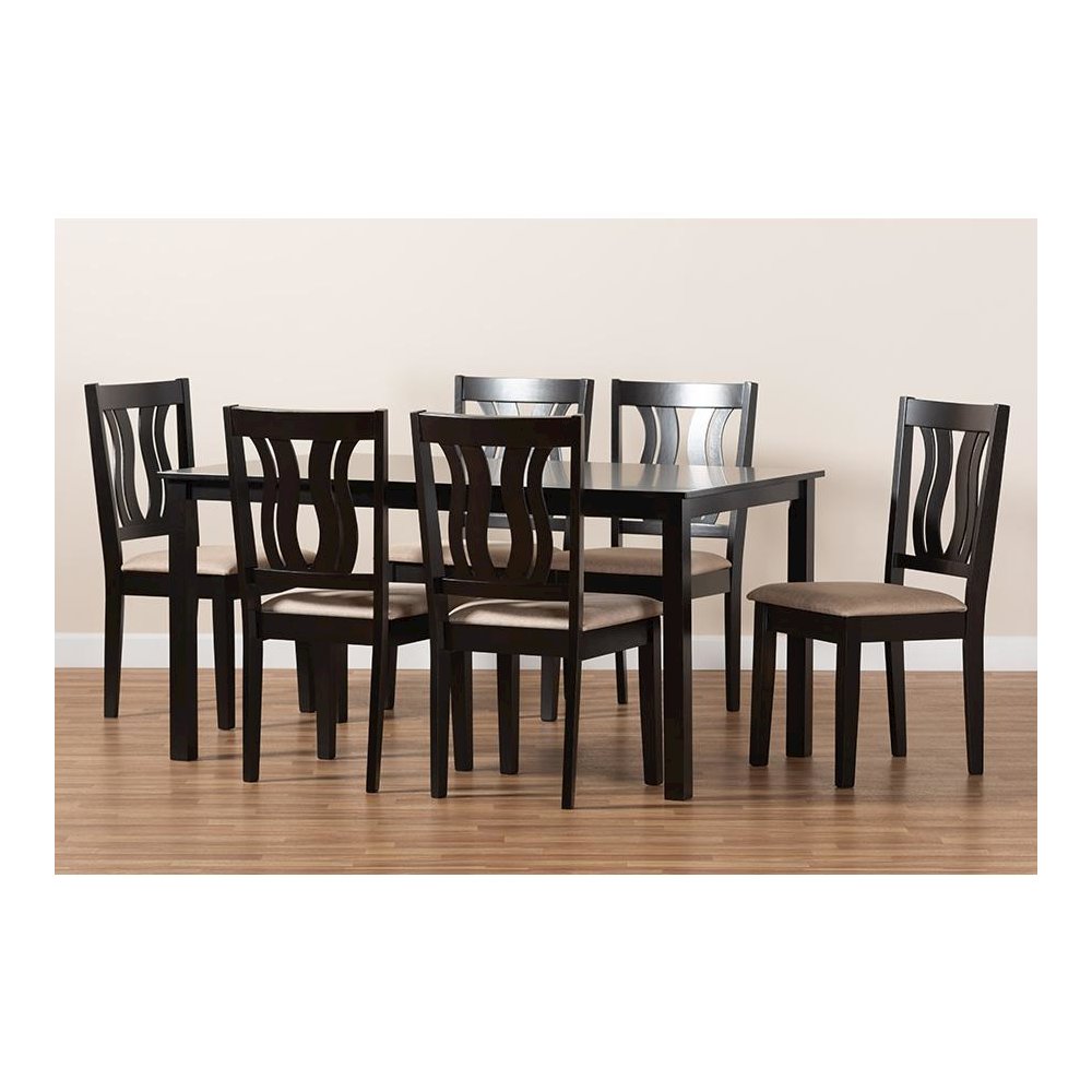 Sand Fabric Upholstered and Dark Brown Finished Wood 7-Piece Dining Set