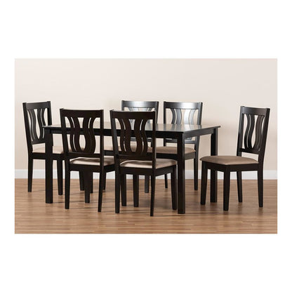 Sand Fabric Upholstered and Dark Brown Finished Wood 7-Piece Dining Set