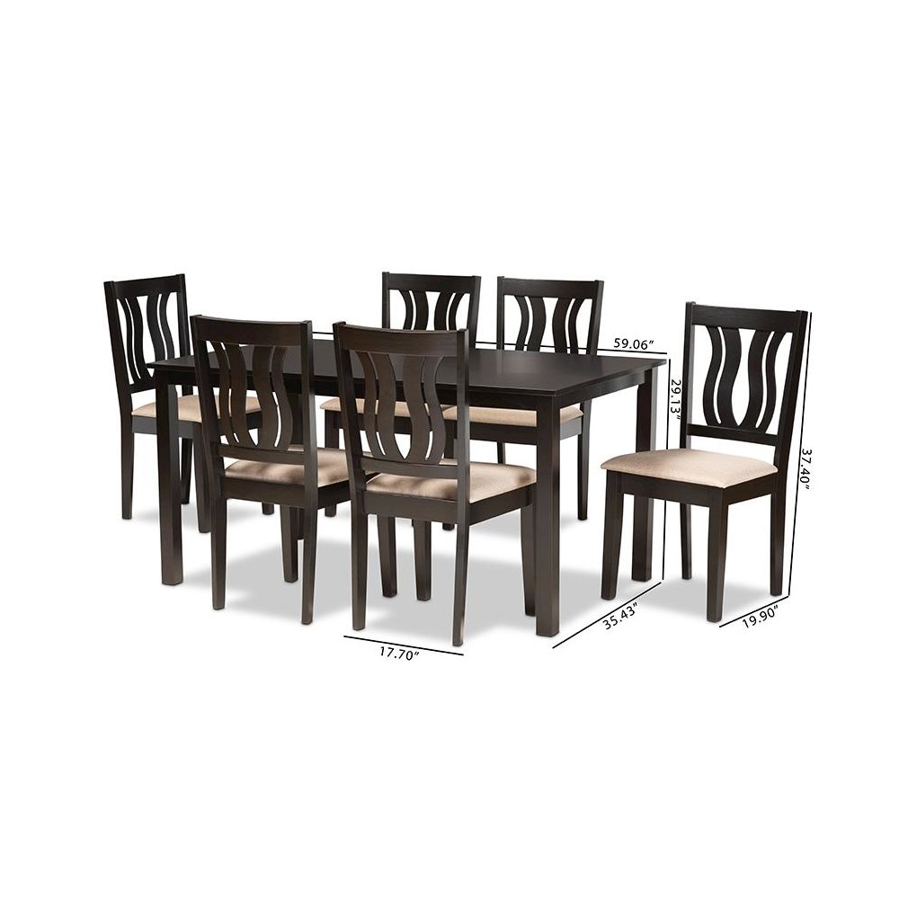 Sand Fabric Upholstered and Dark Brown Finished Wood 7-Piece Dining Set