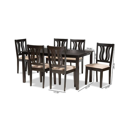 Sand Fabric Upholstered and Dark Brown Finished Wood 7-Piece Dining Set