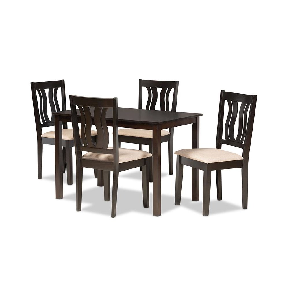 Sand Fabric Upholstered and Dark Brown Finished Wood 5-Piece Dining Set
