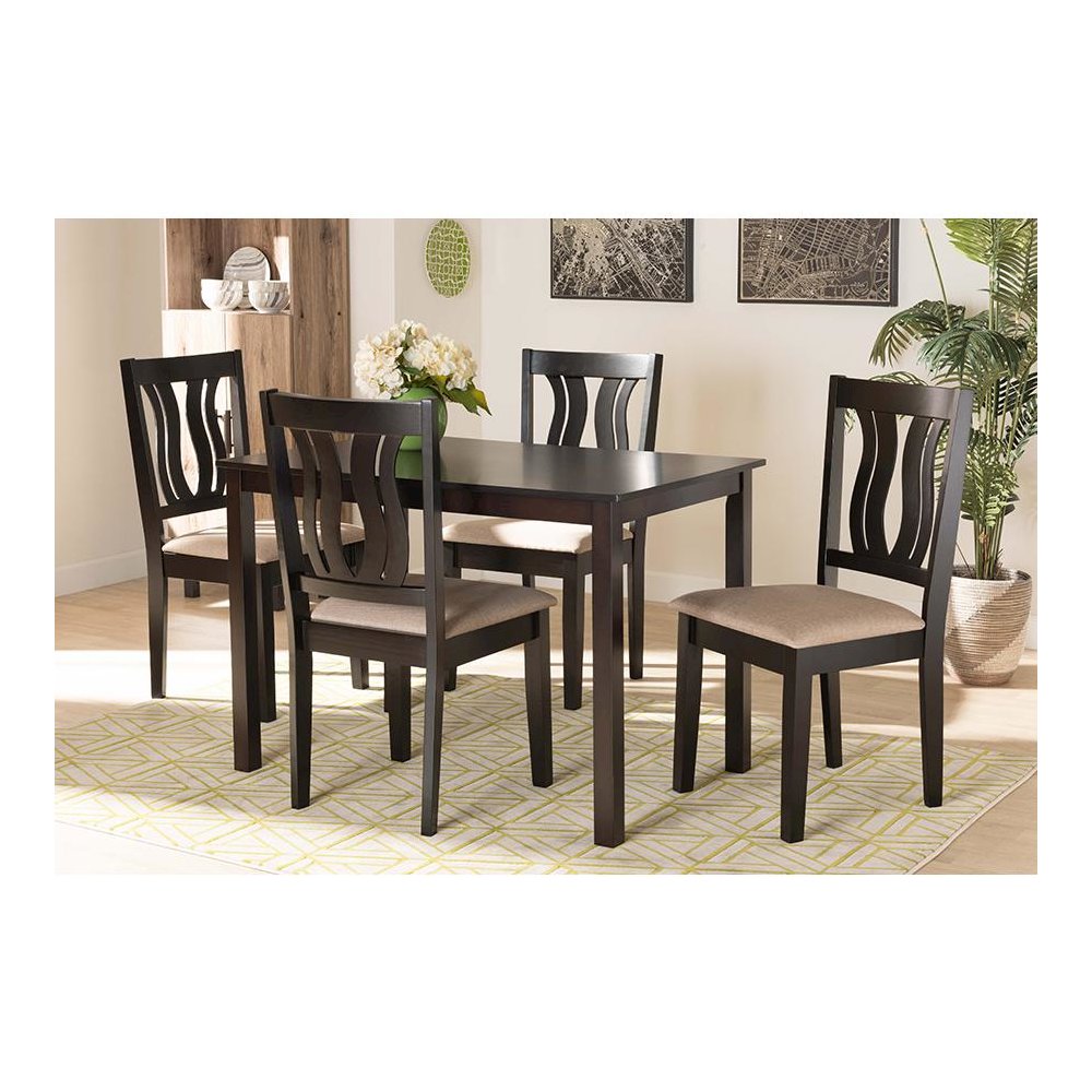 Sand Fabric Upholstered and Dark Brown Finished Wood 5-Piece Dining Set