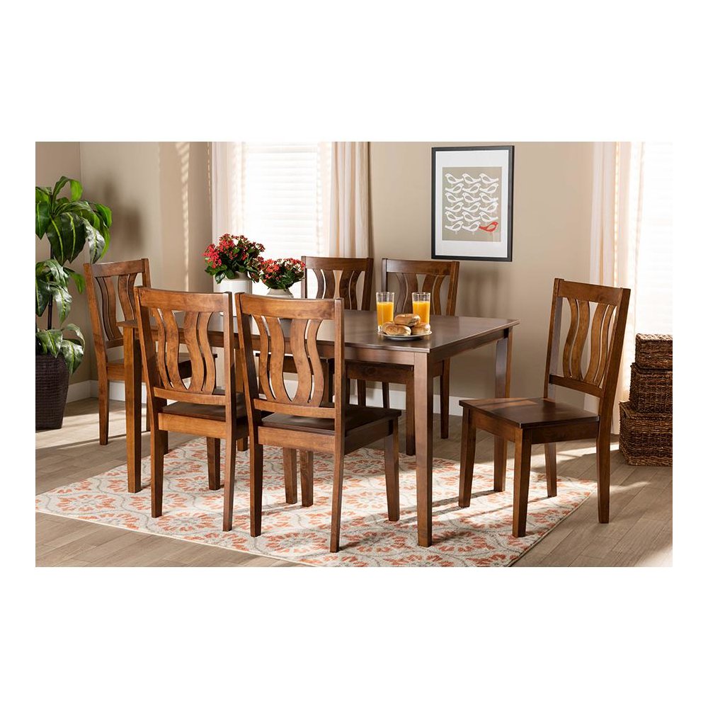 Transitional Walnut Brown Finished Wood 7-Piece Dining Set