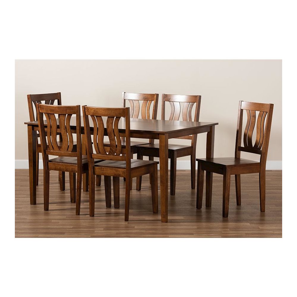 Transitional Walnut Brown Finished Wood 7-Piece Dining Set