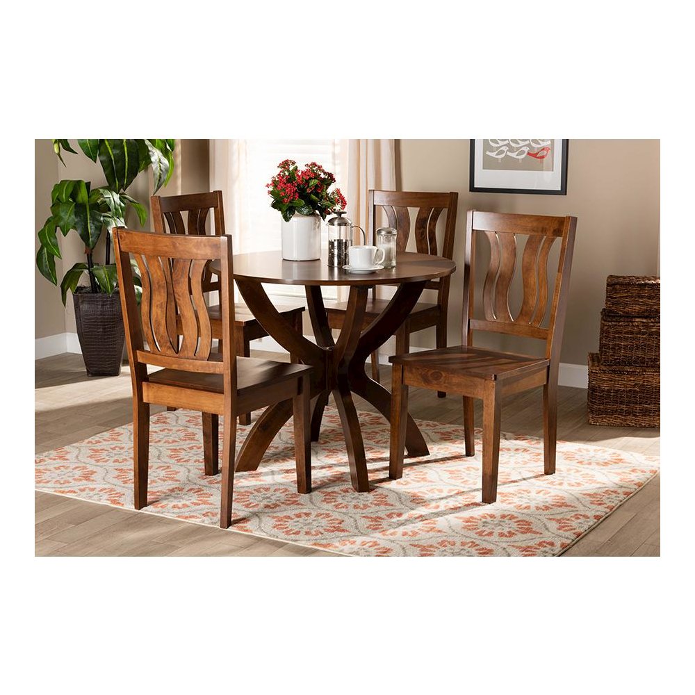 Transitional Walnut Brown Finished Wood 5-Piece Dining Set