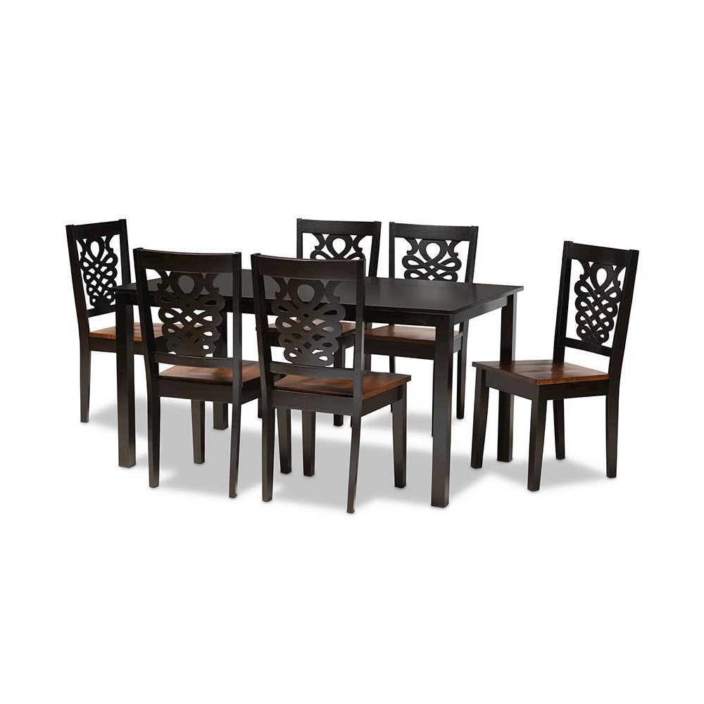 Two-Tone Dark Brown and Walnut Brown Finished Wood 7-Piece Dining Set