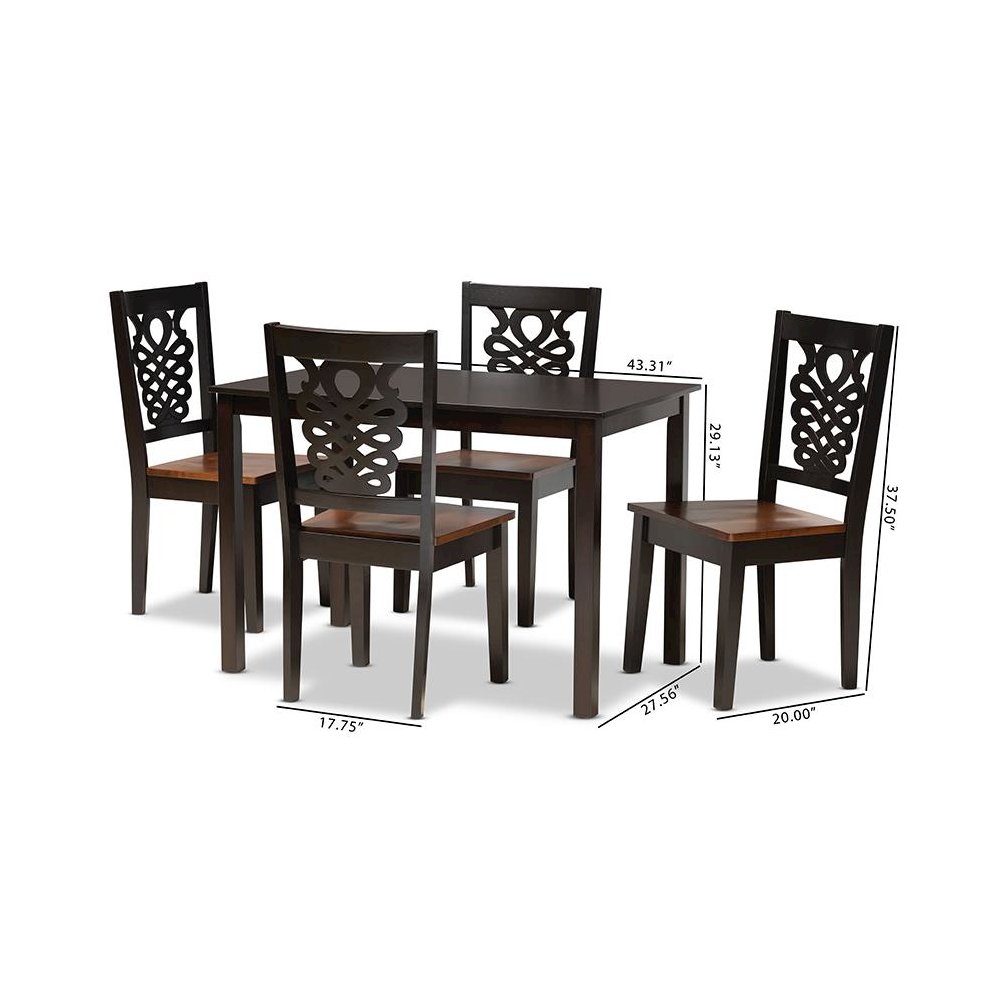 Two-Tone Dark Brown and Walnut Brown Finished Wood 5-Piece Dining Set