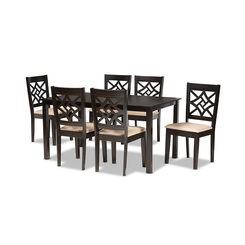 Sand Fabric Upholstered and Dark Brown Finished Wood 7-Piece Dining Set