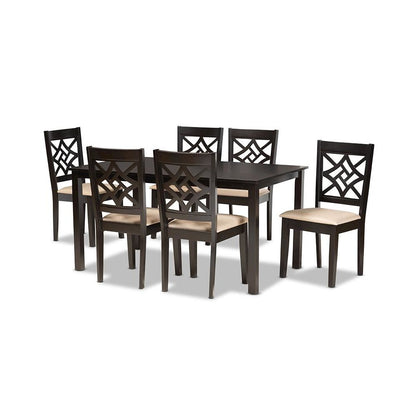 Sand Fabric Upholstered and Dark Brown Finished Wood 7-Piece Dining Set
