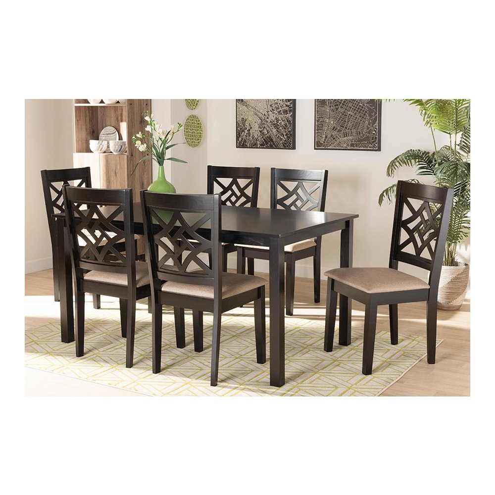 Sand Fabric Upholstered and Dark Brown Finished Wood 7-Piece Dining Set