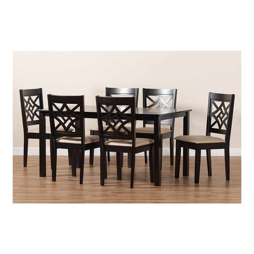 Sand Fabric Upholstered and Dark Brown Finished Wood 7-Piece Dining Set