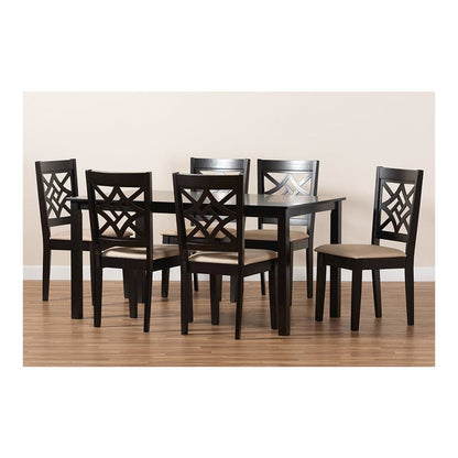Sand Fabric Upholstered and Dark Brown Finished Wood 7-Piece Dining Set
