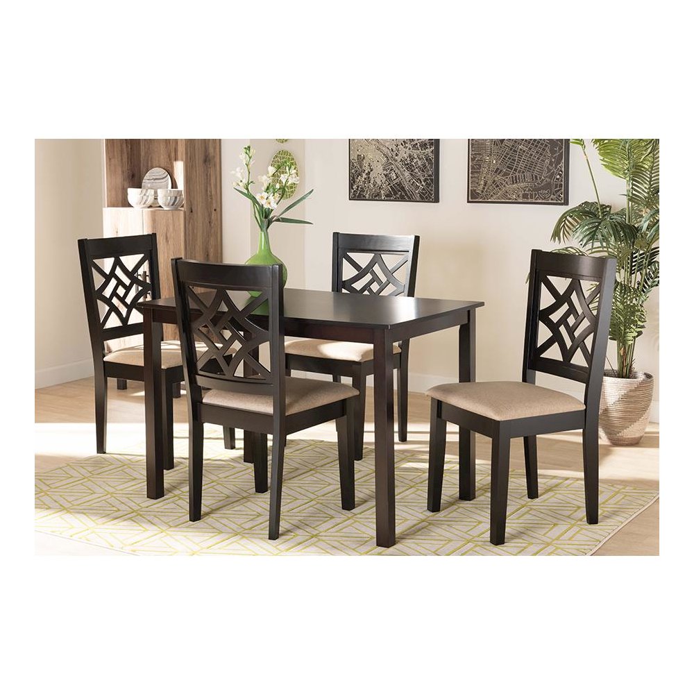Sand Fabric Upholstered and Dark Brown Finished Wood 5-Piece Dining Set