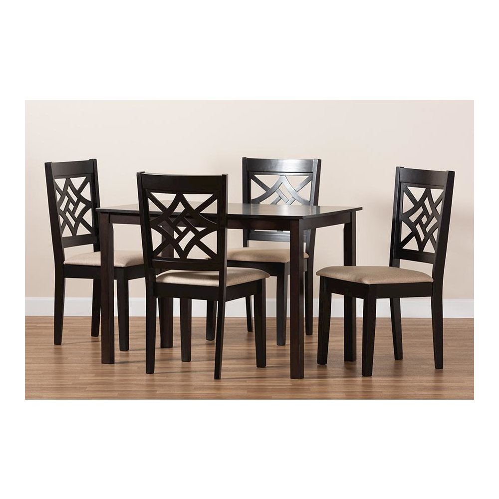 Sand Fabric Upholstered and Dark Brown Finished Wood 5-Piece Dining Set