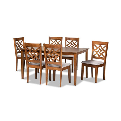 Grey Fabric Upholstered and Walnut Brown Finished Wood 7-Piece Dining Set
