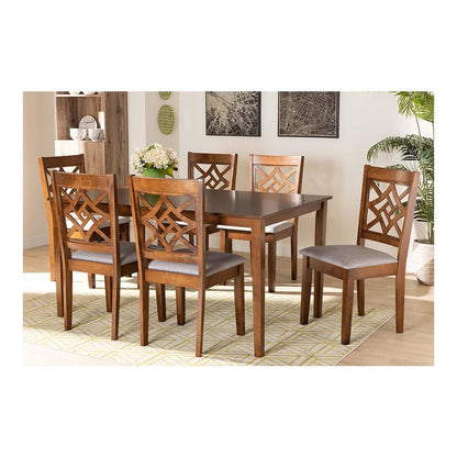 Grey Fabric Upholstered and Walnut Brown Finished Wood 7-Piece Dining Set