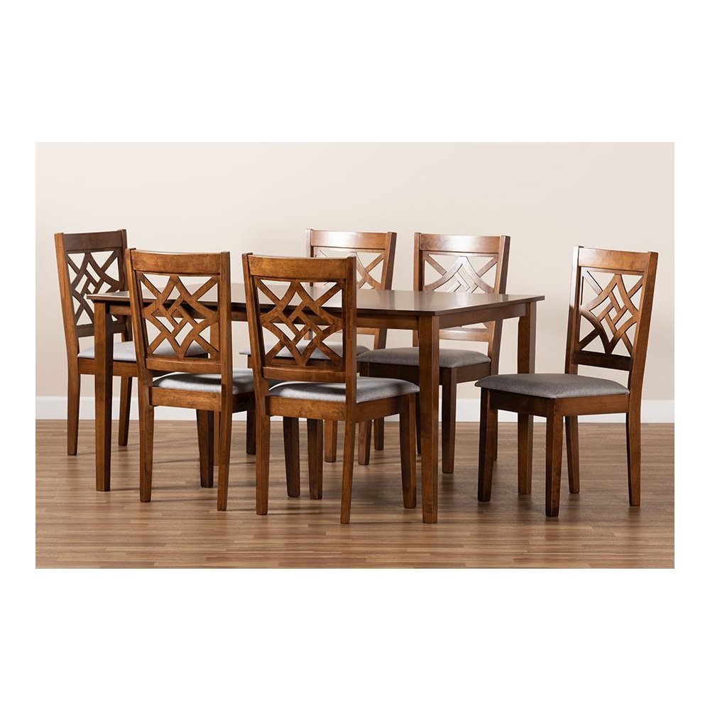 Grey Fabric Upholstered and Walnut Brown Finished Wood 7-Piece Dining Set