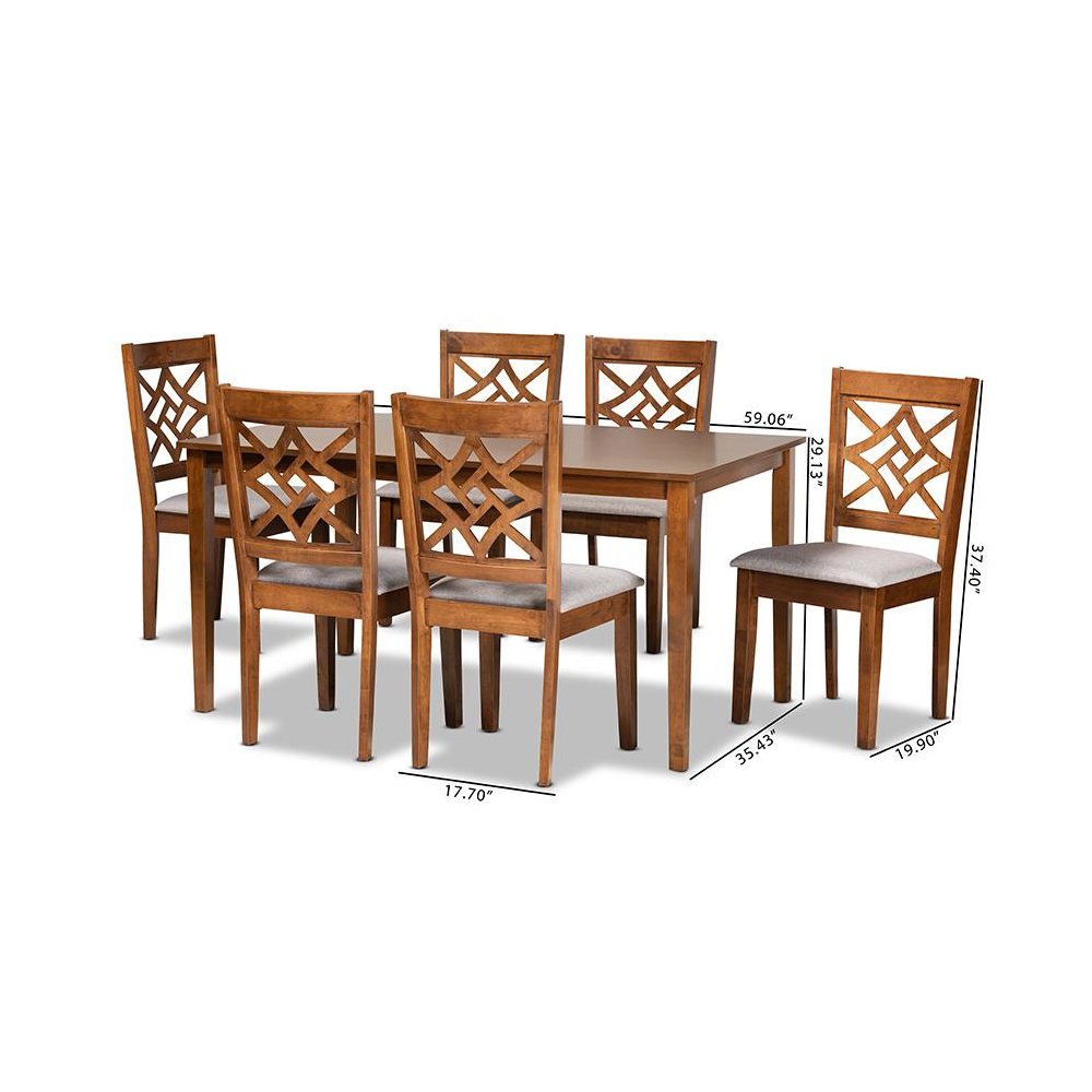 Grey Fabric Upholstered and Walnut Brown Finished Wood 7-Piece Dining Set