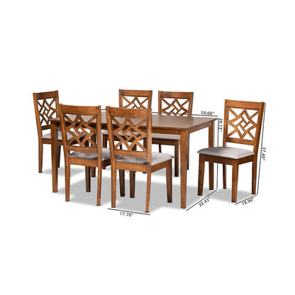 Grey Fabric Upholstered and Walnut Brown Finished Wood 7-Piece Dining Set