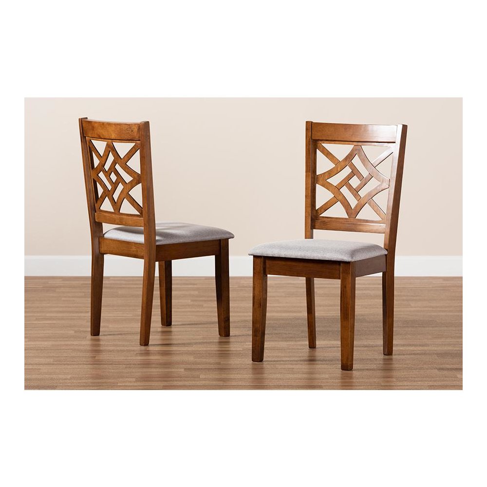 Grey Fabric Upholstered and Walnut Brown Finished Wood 2-Piece Dining Chair Set