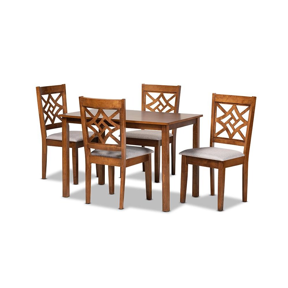 Grey Fabric Upholstered and Walnut Brown Finished Wood 5-Piece Dining Set
