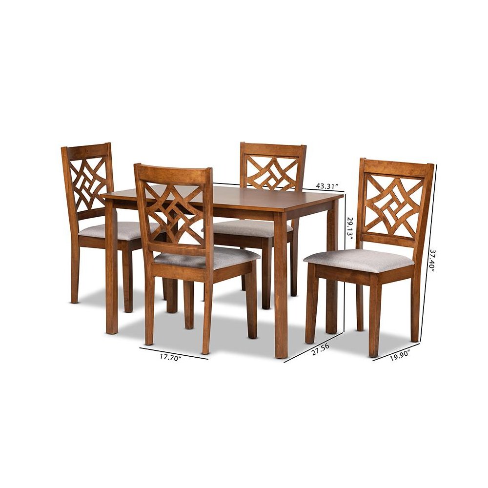 Grey Fabric Upholstered and Walnut Brown Finished Wood 5-Piece Dining Set
