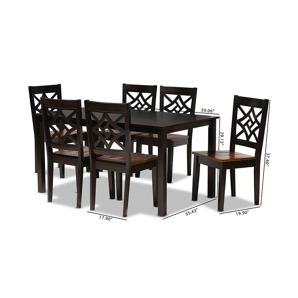 Two-Tone Dark Brown and Walnut Brown Finished Wood 7-Piece Dining Set