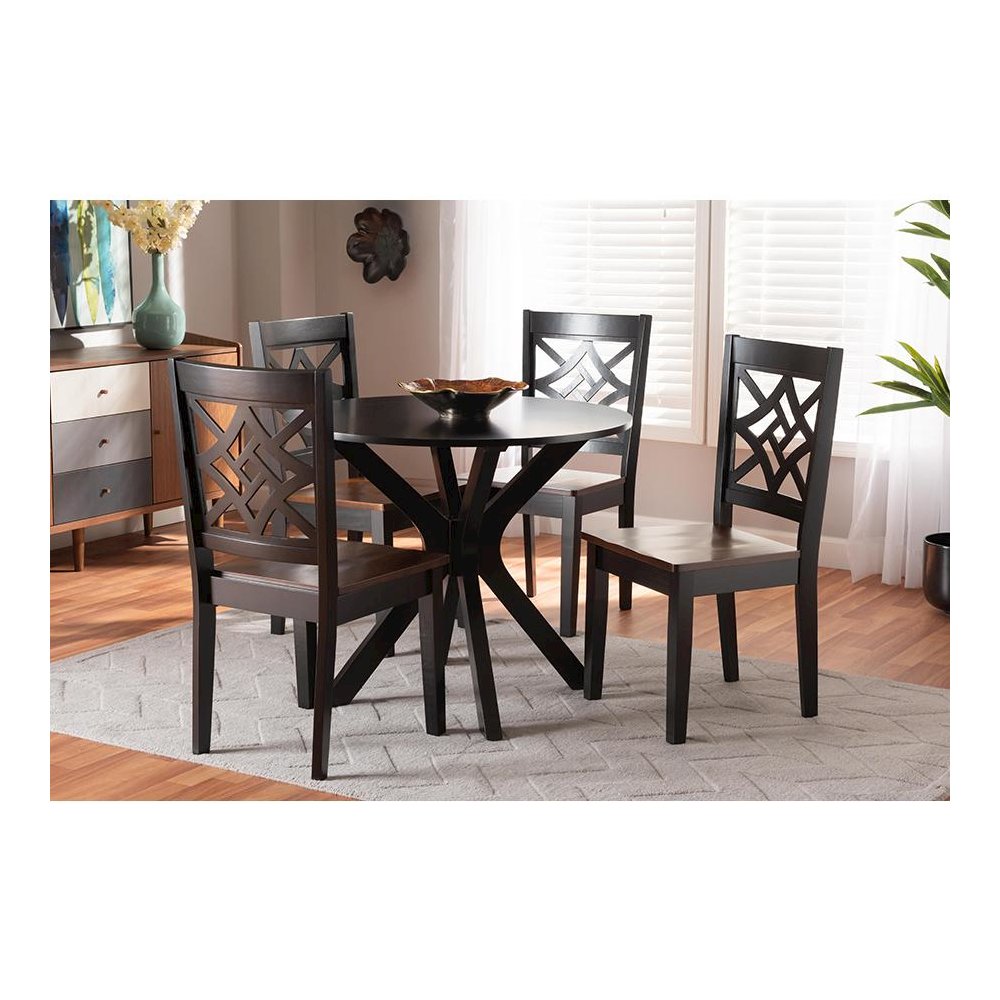 Two-Tone Dark Brown and Walnut Brown Finished Wood 5-Piece Dining Set