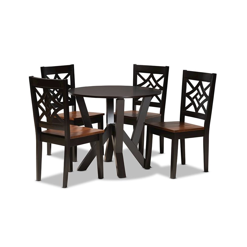 Two-Tone Dark Brown and Walnut Brown Finished Wood 5-Piece Dining Set