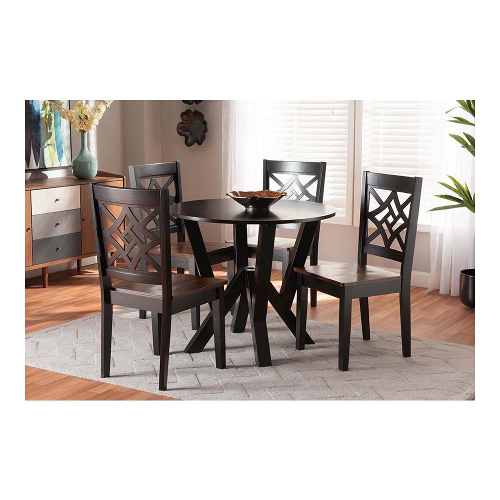 Two-Tone Dark Brown and Walnut Brown Finished Wood 5-Piece Dining Set