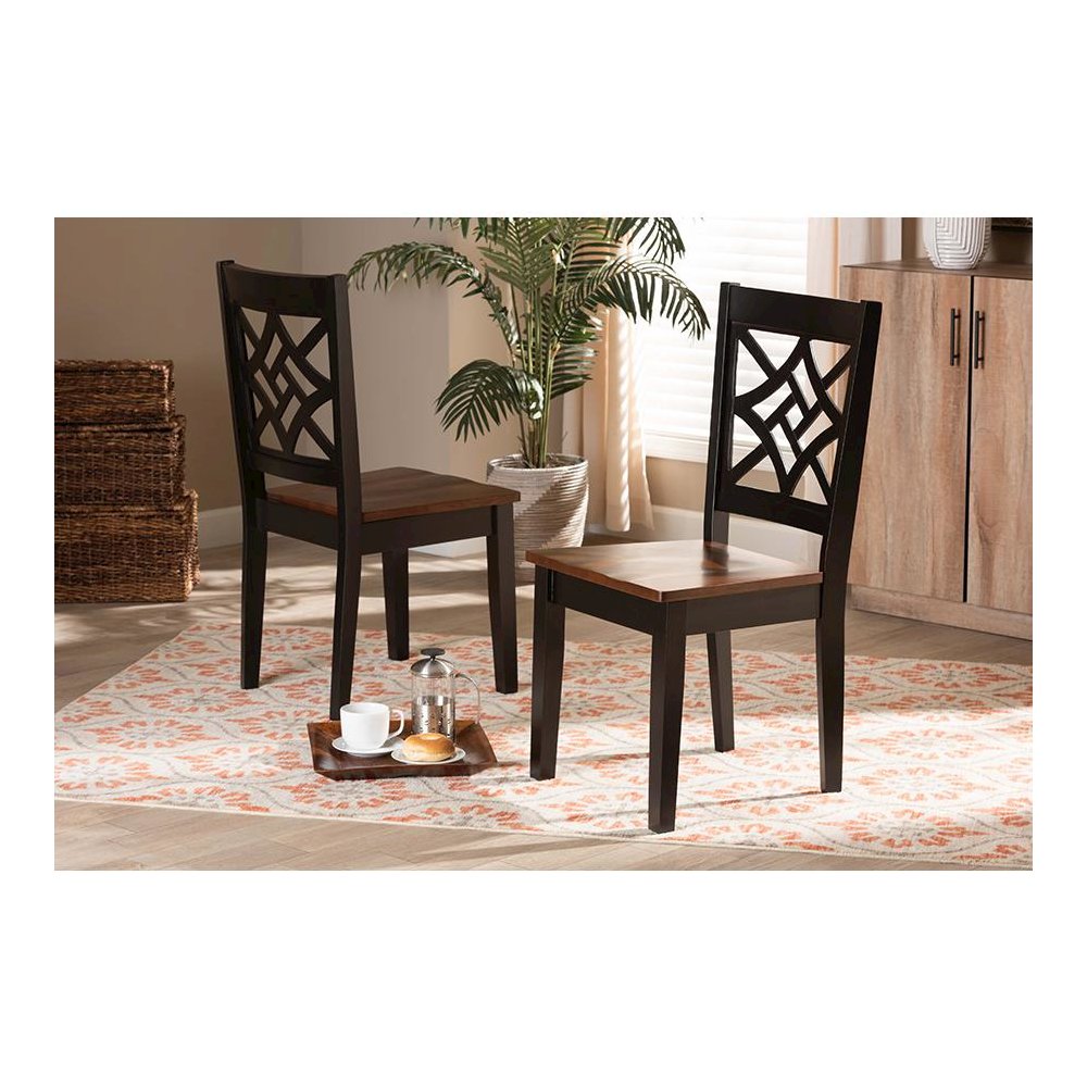 Two-Tone Dark Brown and Walnut Brown Finished Wood 2-Piece Dining Chair Set