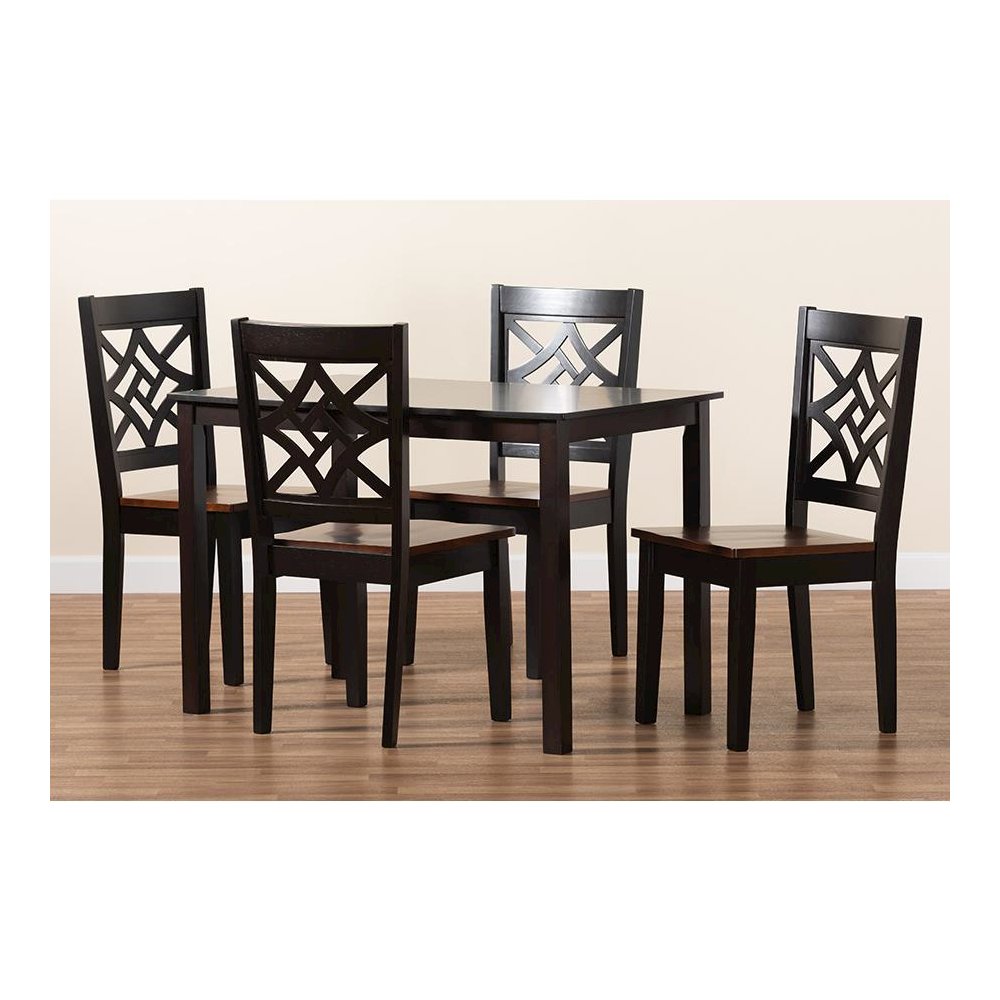 Two-Tone Dark Brown and Walnut Brown Finished Wood 5-Piece Dining Set