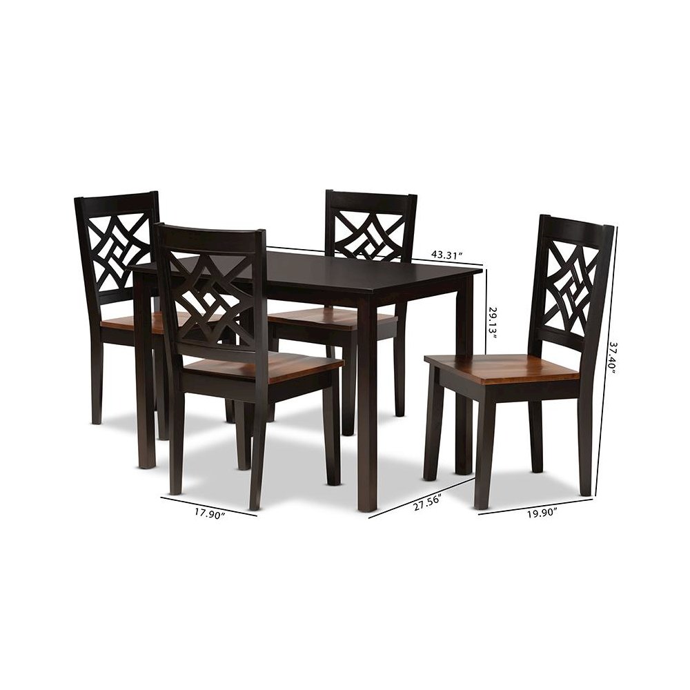 Two-Tone Dark Brown and Walnut Brown Finished Wood 5-Piece Dining Set