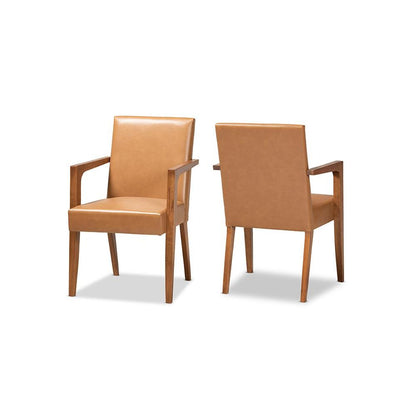 Leather Upholstered and Walnut Brown Finished Wood 2-Piece Armchair Set