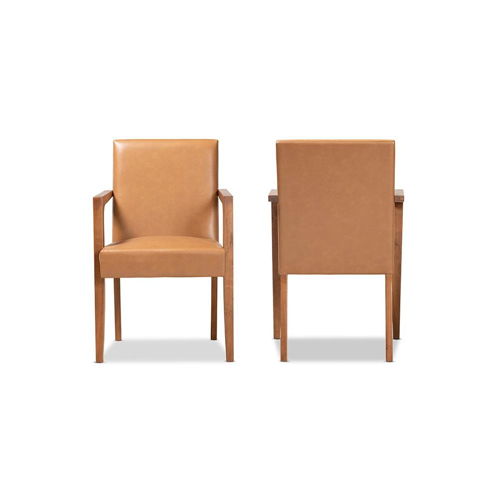 Leather Upholstered and Walnut Brown Finished Wood 2-Piece Armchair Set