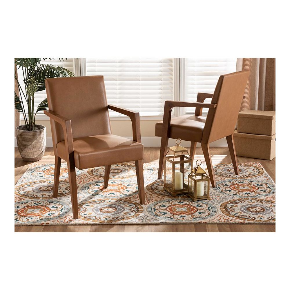 Leather Upholstered and Walnut Brown Finished Wood 2-Piece Armchair Set