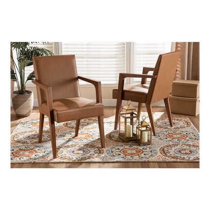 Leather Upholstered and Walnut Brown Finished Wood 2-Piece Armchair Set