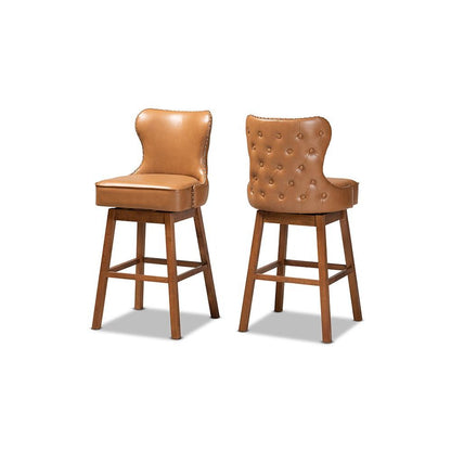 Leather Upholstered and Walnut Brown Finished Wood 2-Piece Swivel Bar Stool Set
