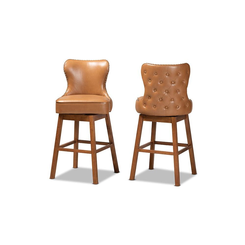 Leather Upholstered and Walnut Brown Finished Wood 2-Piece Swivel Bar Stool Set