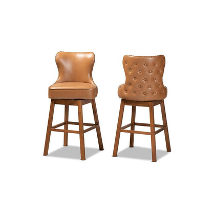 Leather Upholstered and Walnut Brown Finished Wood 2-Piece Swivel Bar Stool Set