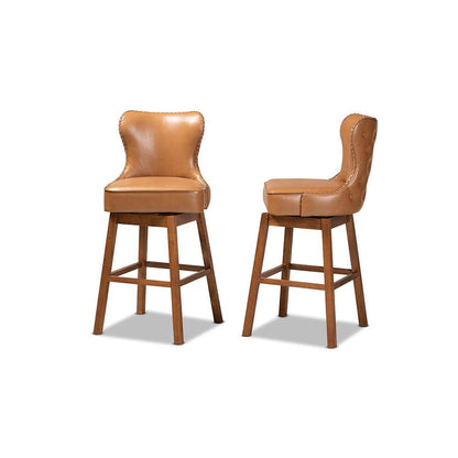 Leather Upholstered and Walnut Brown Finished Wood 2-Piece Swivel Bar Stool Set