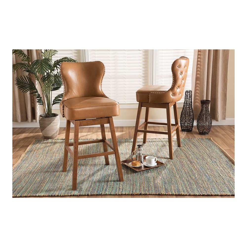 Leather Upholstered and Walnut Brown Finished Wood 2-Piece Swivel Bar Stool Set