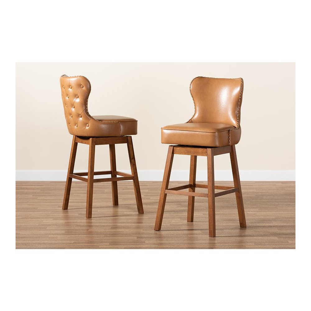 Leather Upholstered and Walnut Brown Finished Wood 2-Piece Swivel Bar Stool Set