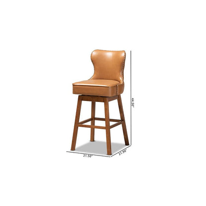 Leather Upholstered and Walnut Brown Finished Wood 2-Piece Swivel Bar Stool Set