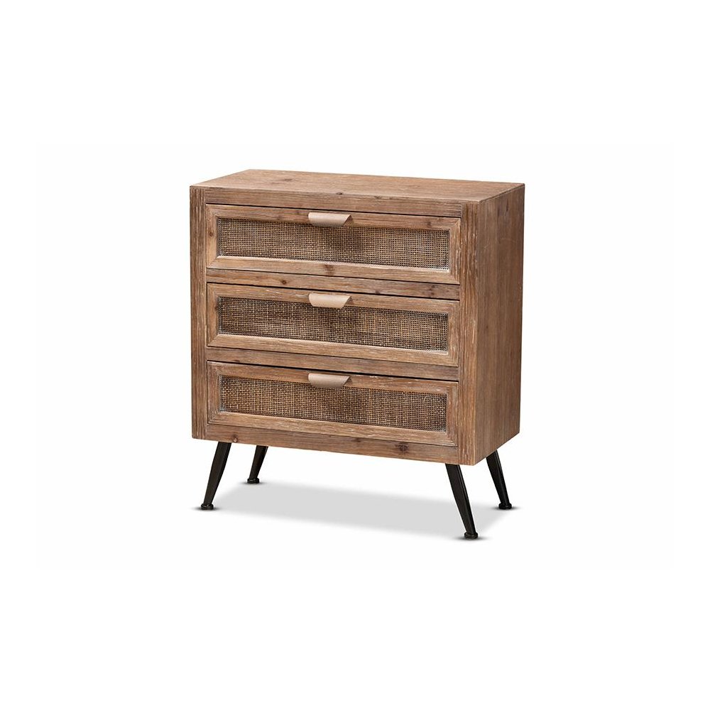 Whitewashed Natural Brown Finished Wood and Rattan 3-Drawer Storage Cabinet