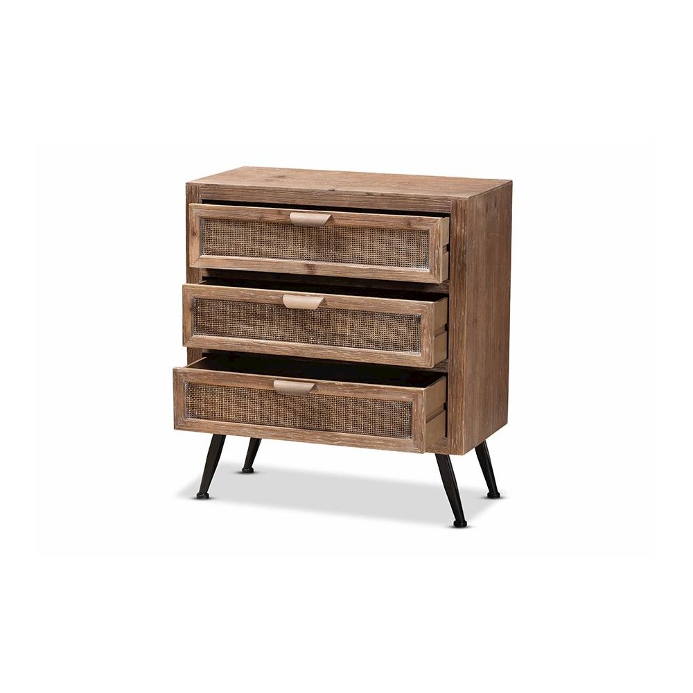 Whitewashed Natural Brown Finished Wood and Rattan 3-Drawer Storage Cabinet