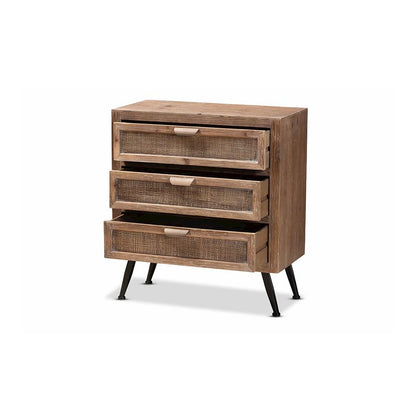 Whitewashed Natural Brown Finished Wood and Rattan 3-Drawer Storage Cabinet