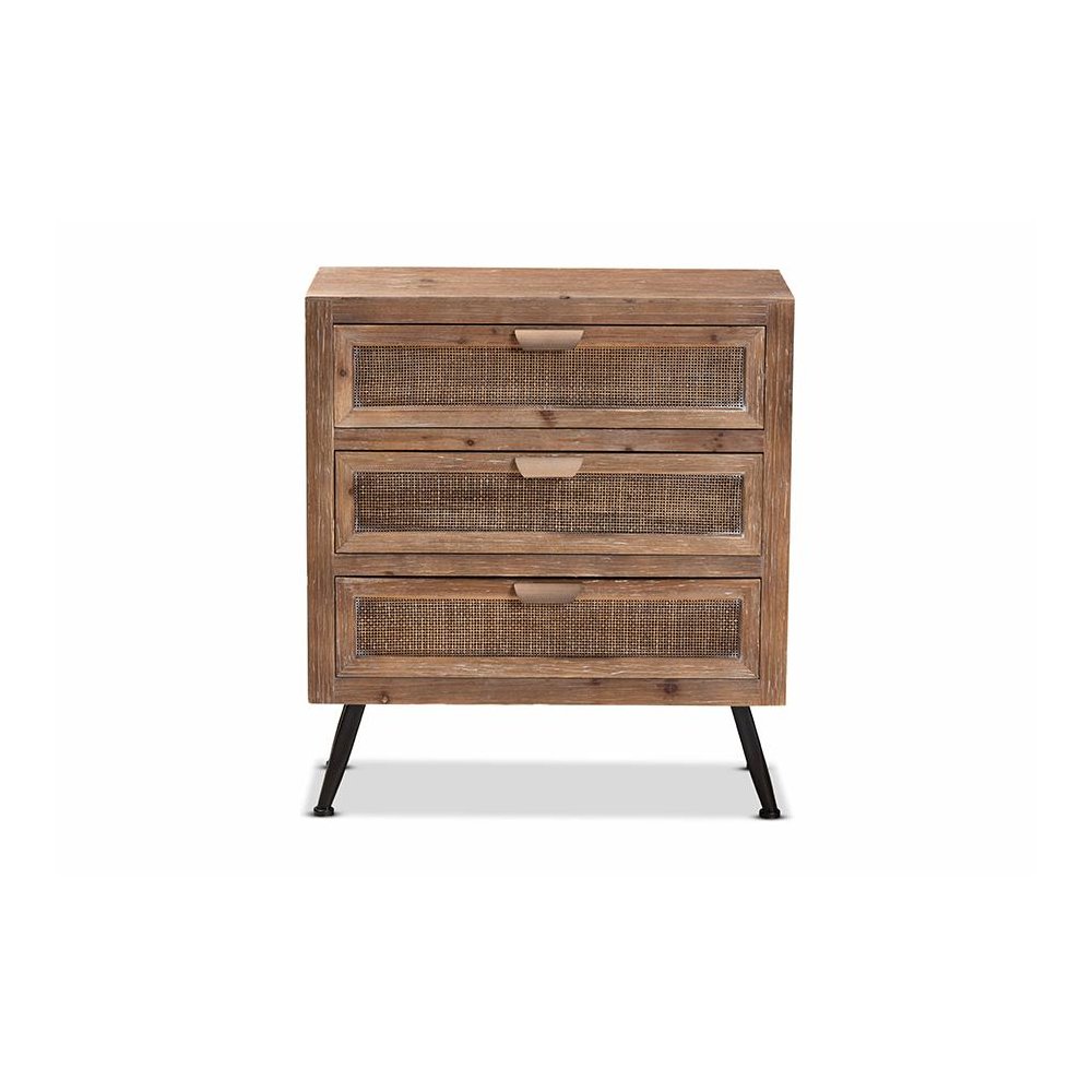 Whitewashed Natural Brown Finished Wood and Rattan 3-Drawer Storage Cabinet