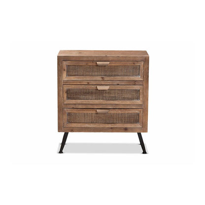Whitewashed Natural Brown Finished Wood and Rattan 3-Drawer Storage Cabinet