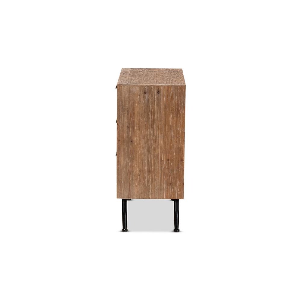Whitewashed Natural Brown Finished Wood and Rattan 3-Drawer Storage Cabinet